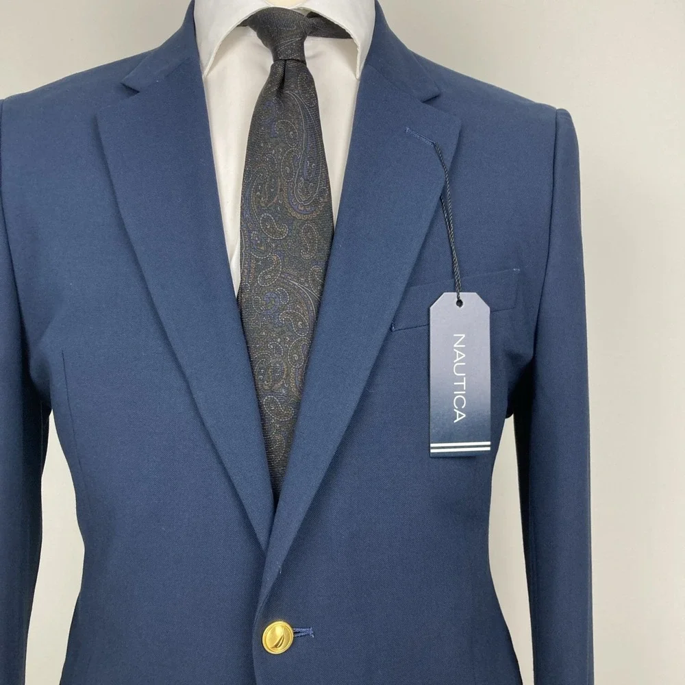 Nautica Mens Modern fit Sport Coat Blazer 42R Navy Blue Solid Stretch